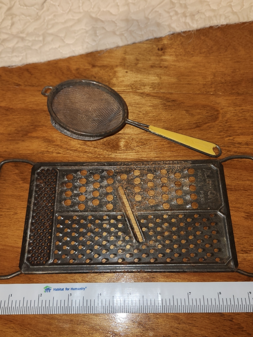 Rustic Vintage Yellow-Handled Kitchen Strainer and Metal Grater Set
